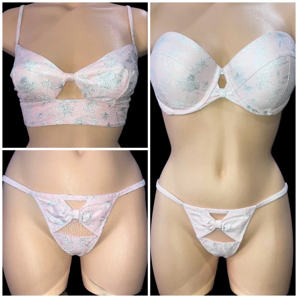 Victoria’s Secret Pink Designer Palms Brocade Push Up Bra Bralette Panty Set 34D